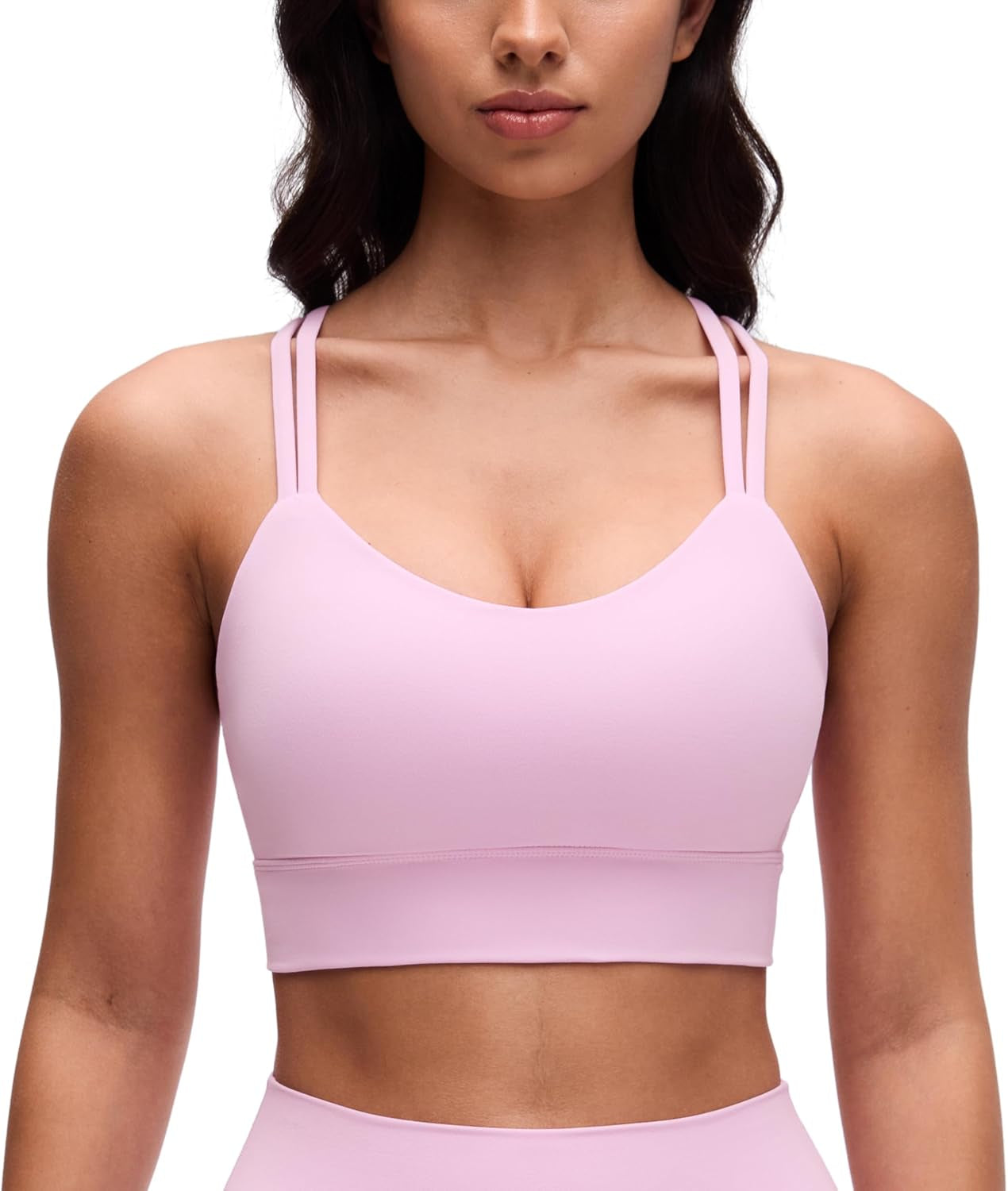 Softness Mold Butterluxe Strappy Longline Sports Brasor Women -Double in soft pink color, featuring a stylish strappy design.