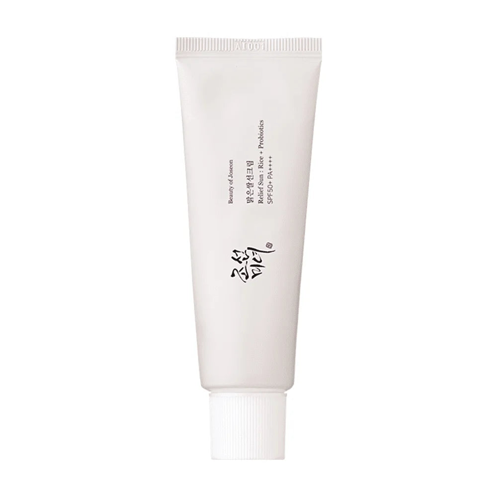 Relief Sun Protecting Rice + Probiotic Sunscreen Cream for Face SPF 50 in a 50ml tube.