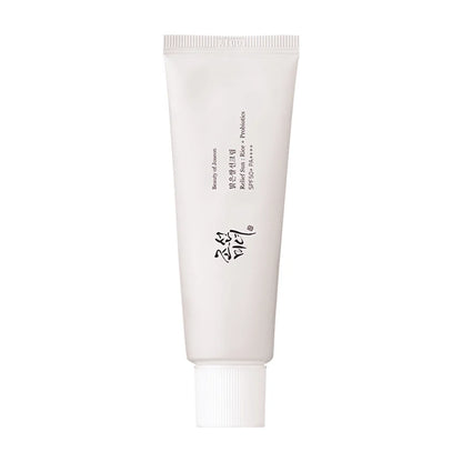 Relief Sun Protecting Rice + Probiotic Sunscreen Cream for Face SPF 50 in a 50ml tube.