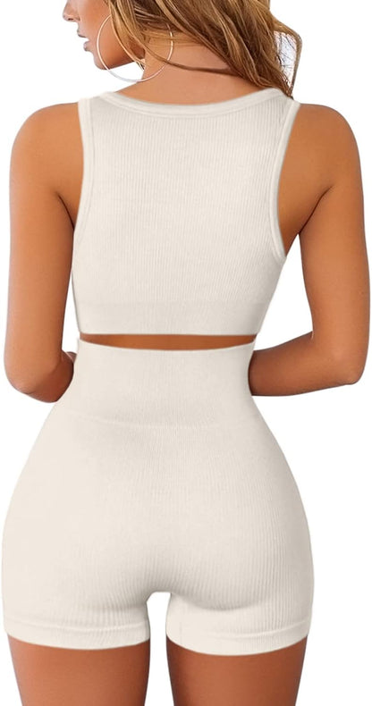 FAFOFA Yoga Outfit for Women Ribbed Seamless Crop Tank Tops High Waisted Shorts 2 Piece Workout Sets Beige S