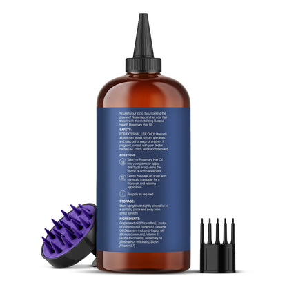 Rosemary 16 Fl Oz HAIR OIL (Carrier Oil PET Bottle Packging + Ambered Colour + Inner Plug + Nozzle + Combo Applicator + with Scalp Massager +Shrink Sleeve without Monocarton