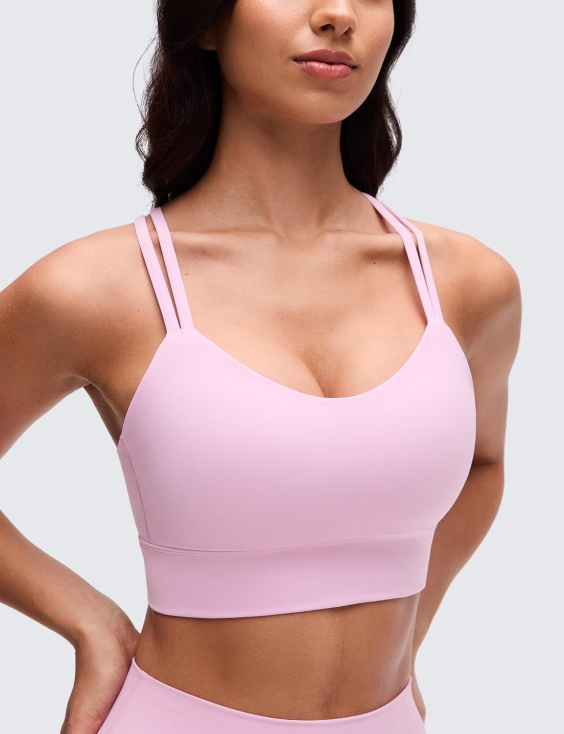 Softness Mold Butterluxe Strappy Longline Sports Brasor Women -Double in soft pink, designed for ultimate comfort and style.