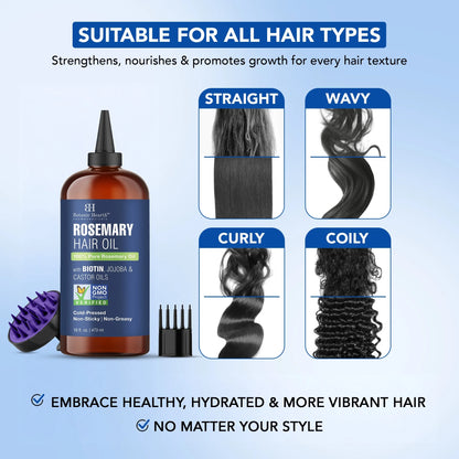 Rosemary 16 Fl Oz HAIR OIL (Carrier Oil PET Bottle Packging + Ambered Colour + Inner Plug + Nozzle + Combo Applicator + with Scalp Massager +Shrink Sleeve without Monocarton